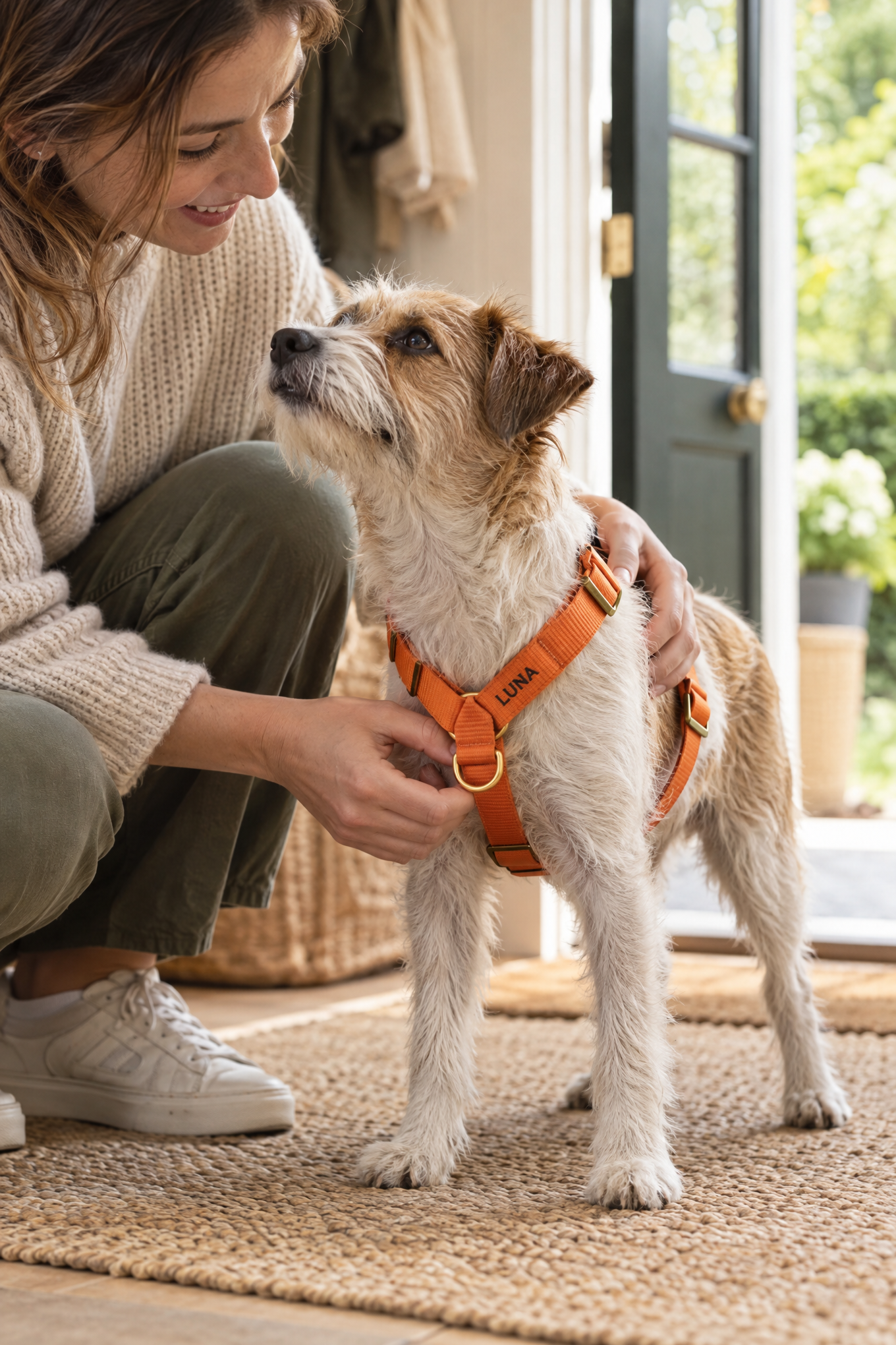 Charlie & Jones Y-Geschirr mit Namen, Nylon mit Messing – Orange
