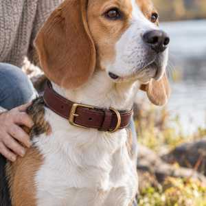 The Dog Idea Leder-Halsband Maroon mit Messing-Beschlägen, Anwendungsbild