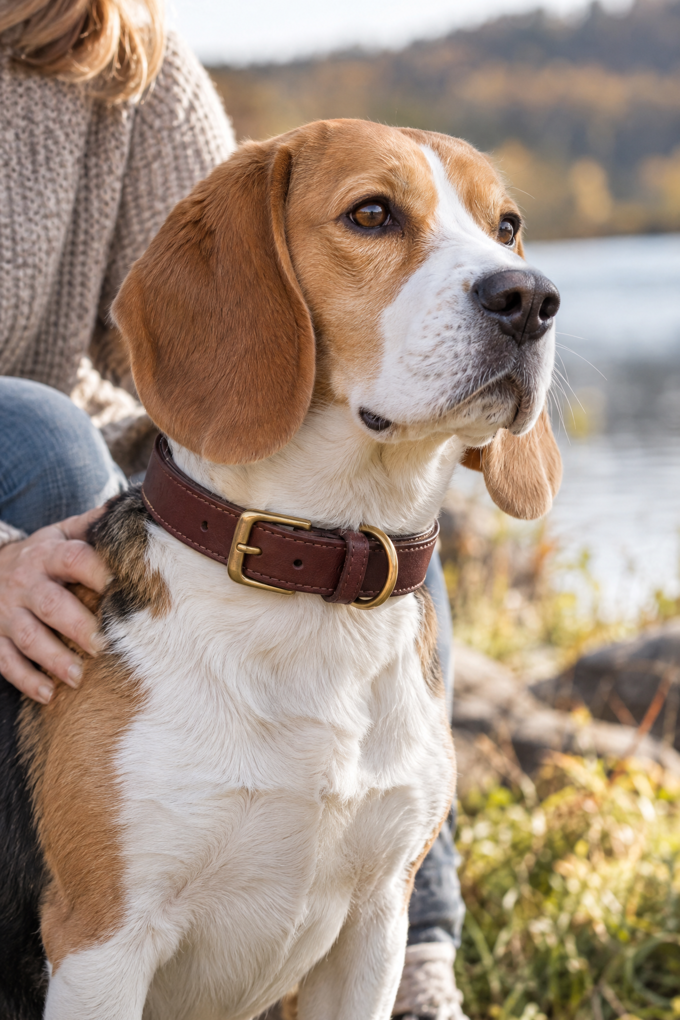 The Dog Idea Leder-Halsband Maroon mit Messing-Beschlägen, Anwendungsbild