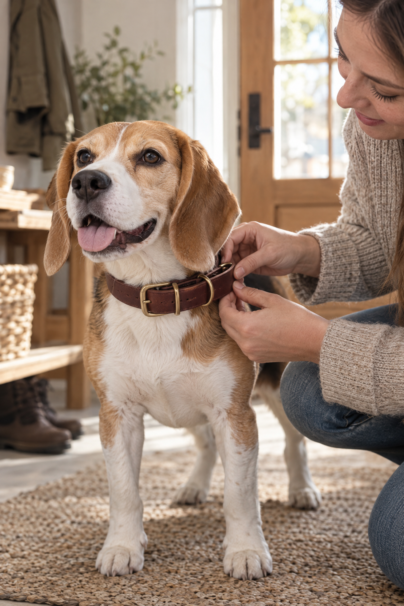 The Dog Idea Leder-Halsband Maroon mit Messing-Beschlägen, Anwendungsbild
