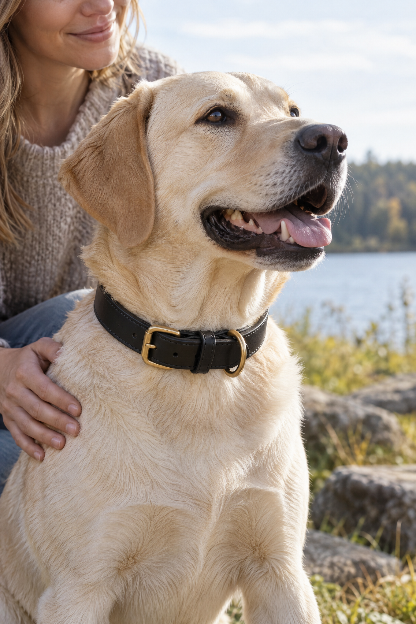 The Dog Idea Leder-Halsband Schwarz mit Messing-Beschlägen, Anwendungsbild