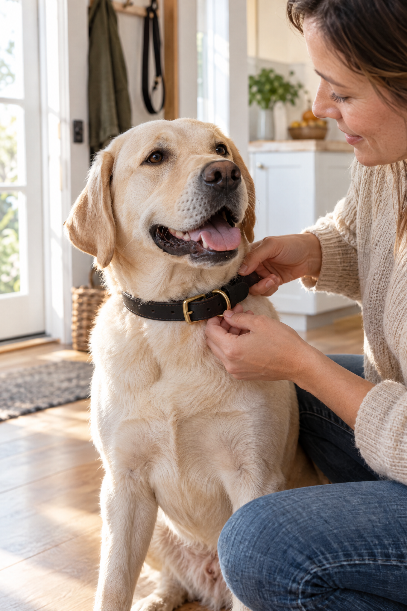 The Dog Idea Leder-Halsband Schwarz mit Messing-Beschlägen, Anwendungsbild