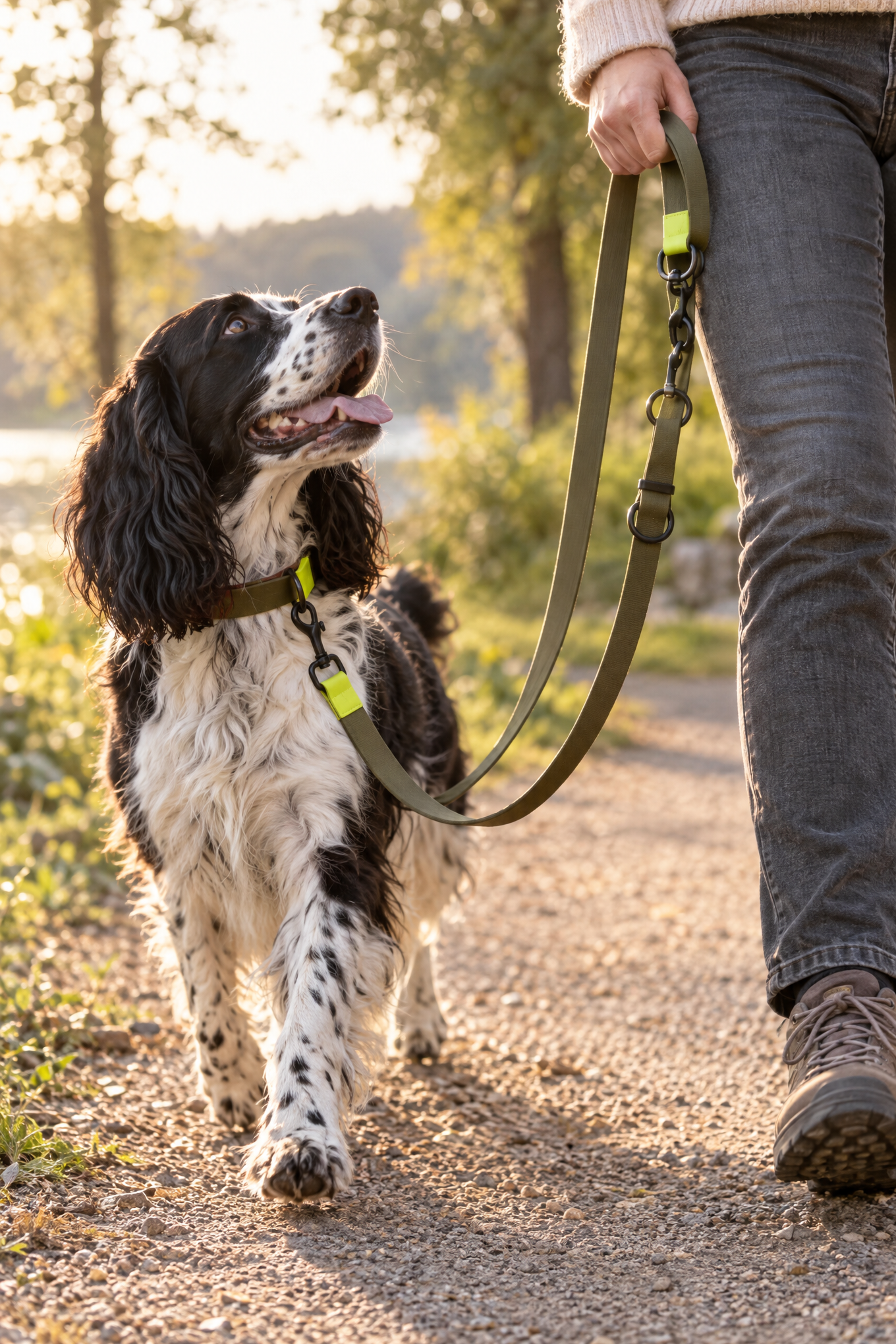 The Dog Idea BioThane-Führleine Khaki, dreifach verstellbar, Anwendungsbild