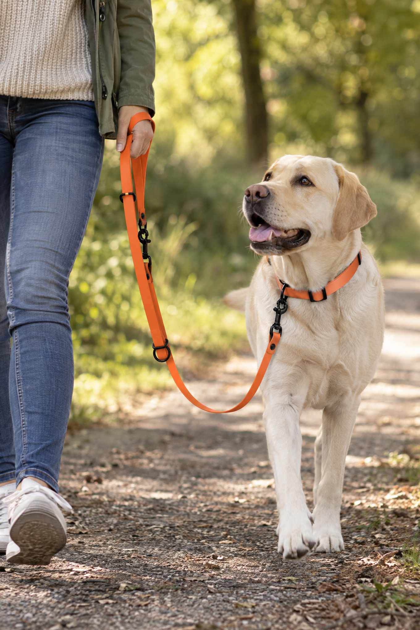 The Dog Idea BioThane-Führleine Orange, dreifach verstellbar, Anwendungsbild