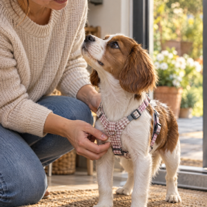 Welpen-Brustgeschirr Vichy-Karo – für kleine Hunde, fünffach verstellbar, Anwendungsbild