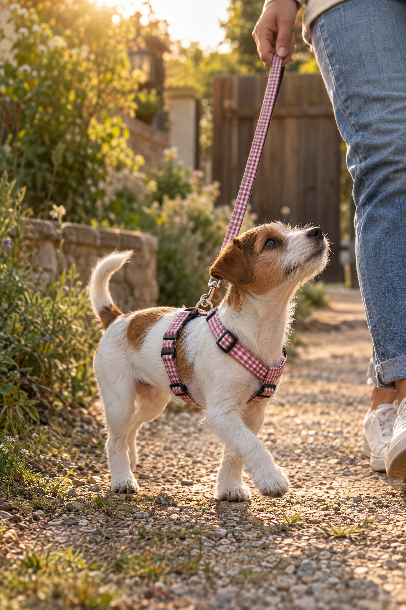 Welpen-Brustgeschirr Vichy-Karo – für kleine Hunde, fünffach verstellbar, Anwendungsbild