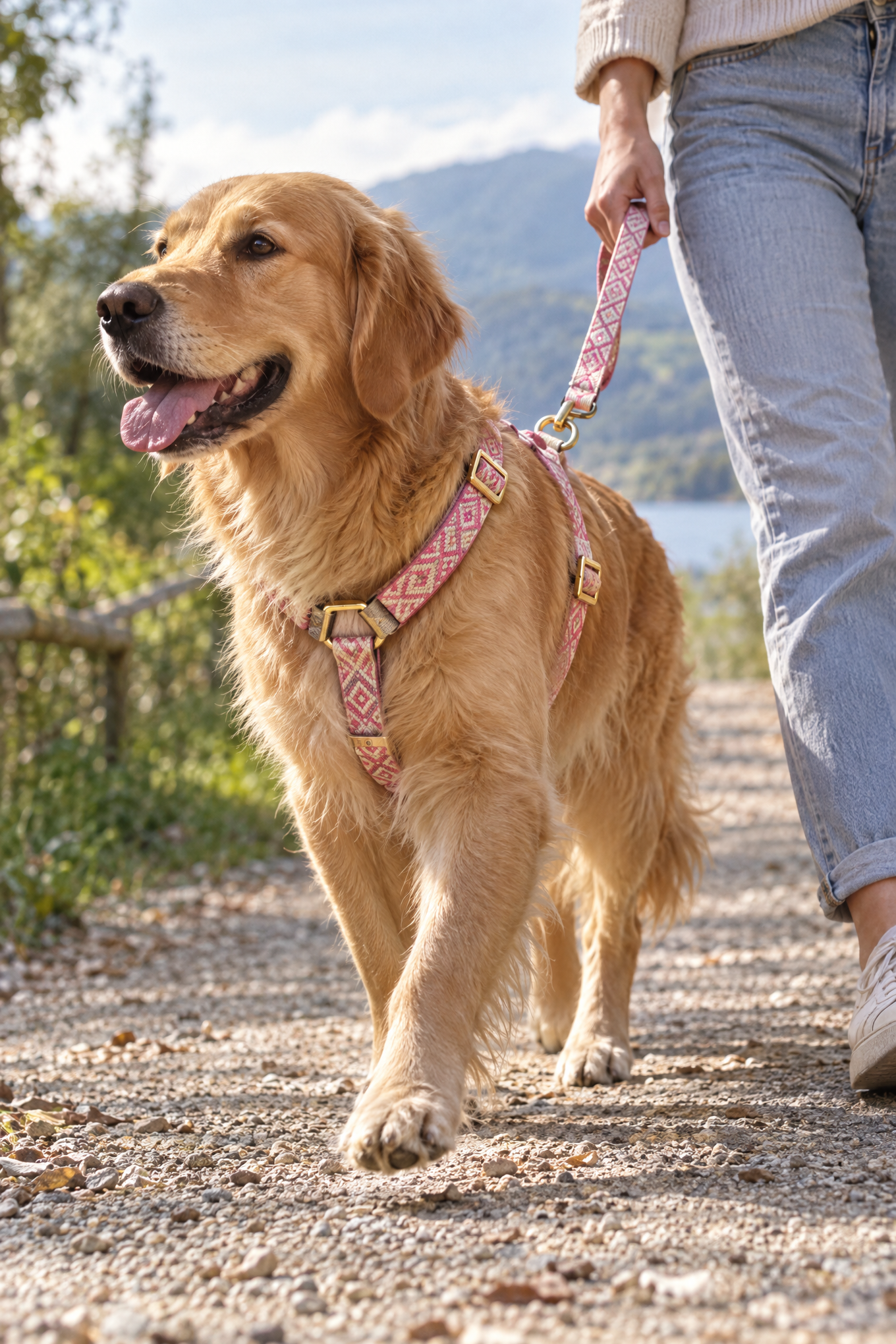 Prunkhund Hundegeschirr Ibiza Pink – handgefertigtes Brustgeschirr, Anwendungsbild