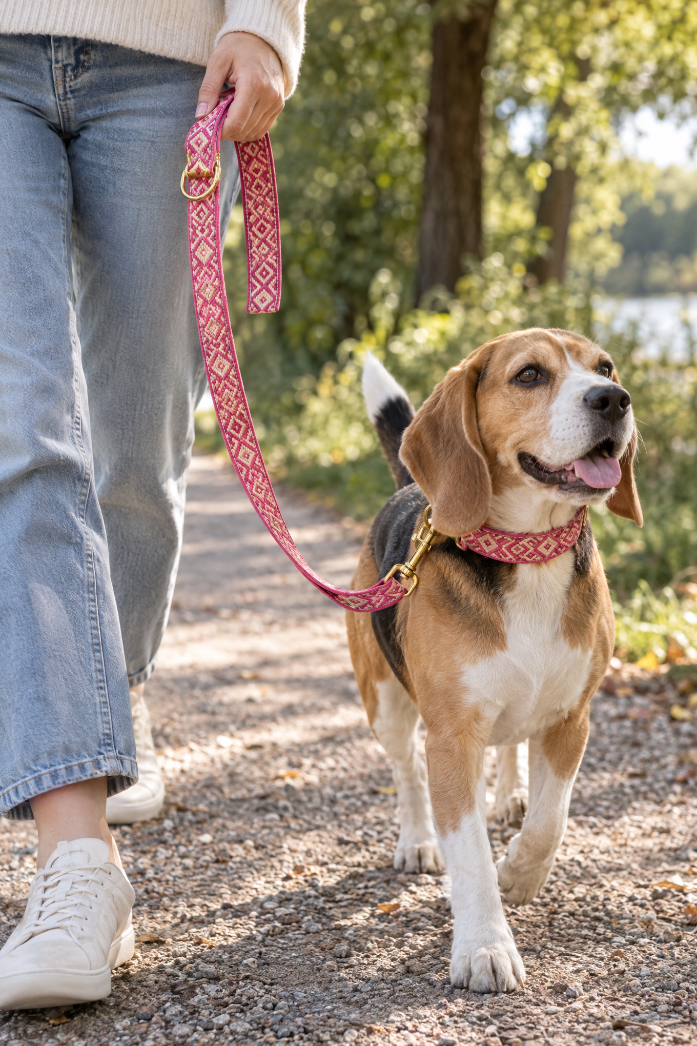 Prunkhund Leine Ibiza Pink – handgefertigtes Band, 120 oder 200 cm, Anwendungsbild
