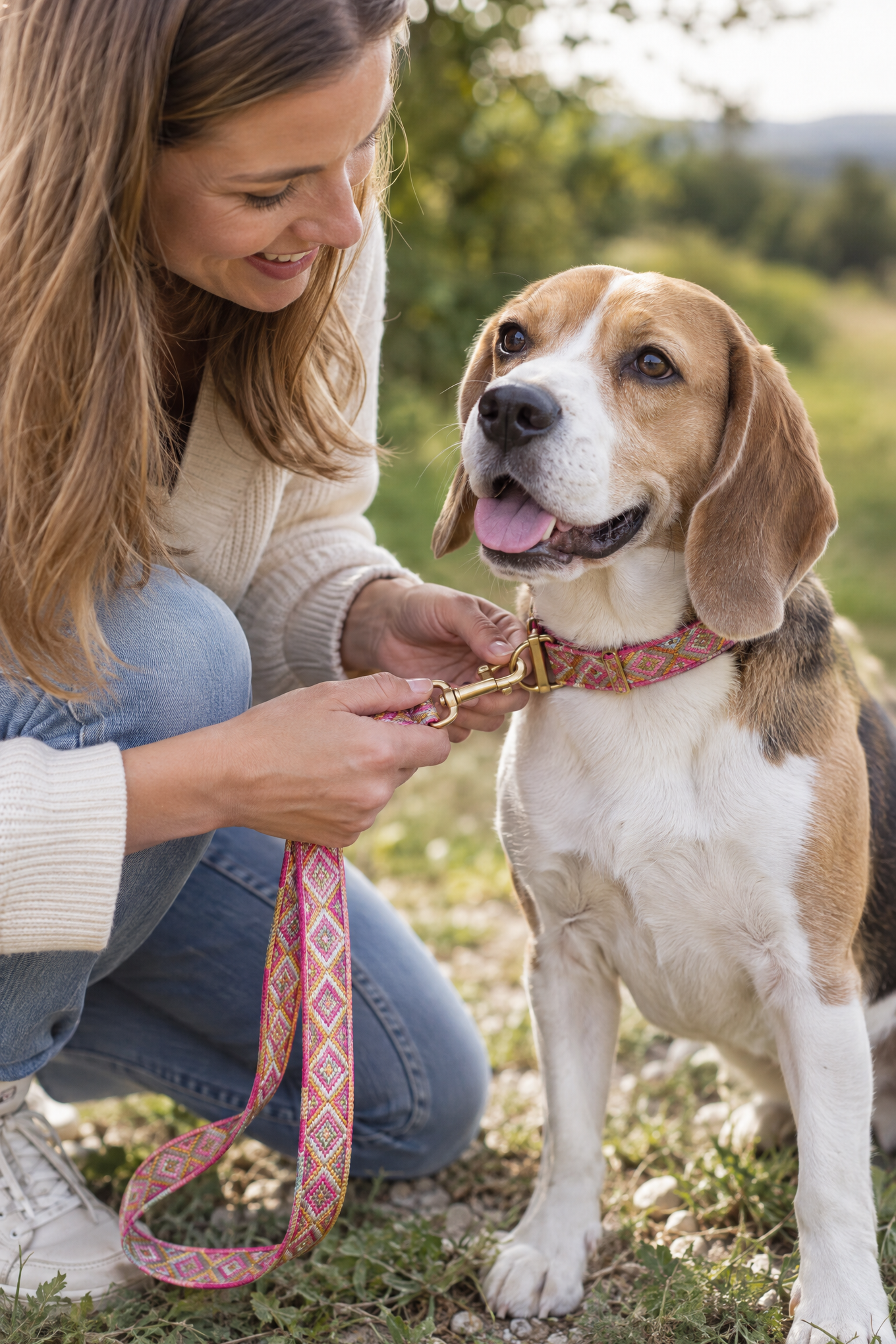 Prunkhund Leine Ibiza Pink – handgefertigtes Band, 120 oder 200 cm, Anwendungsbild
