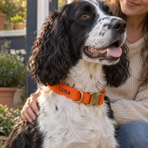Charlie & Jones Halsband mit Namen, Polypropylen mit Messing – Orange, Anwendungsbild