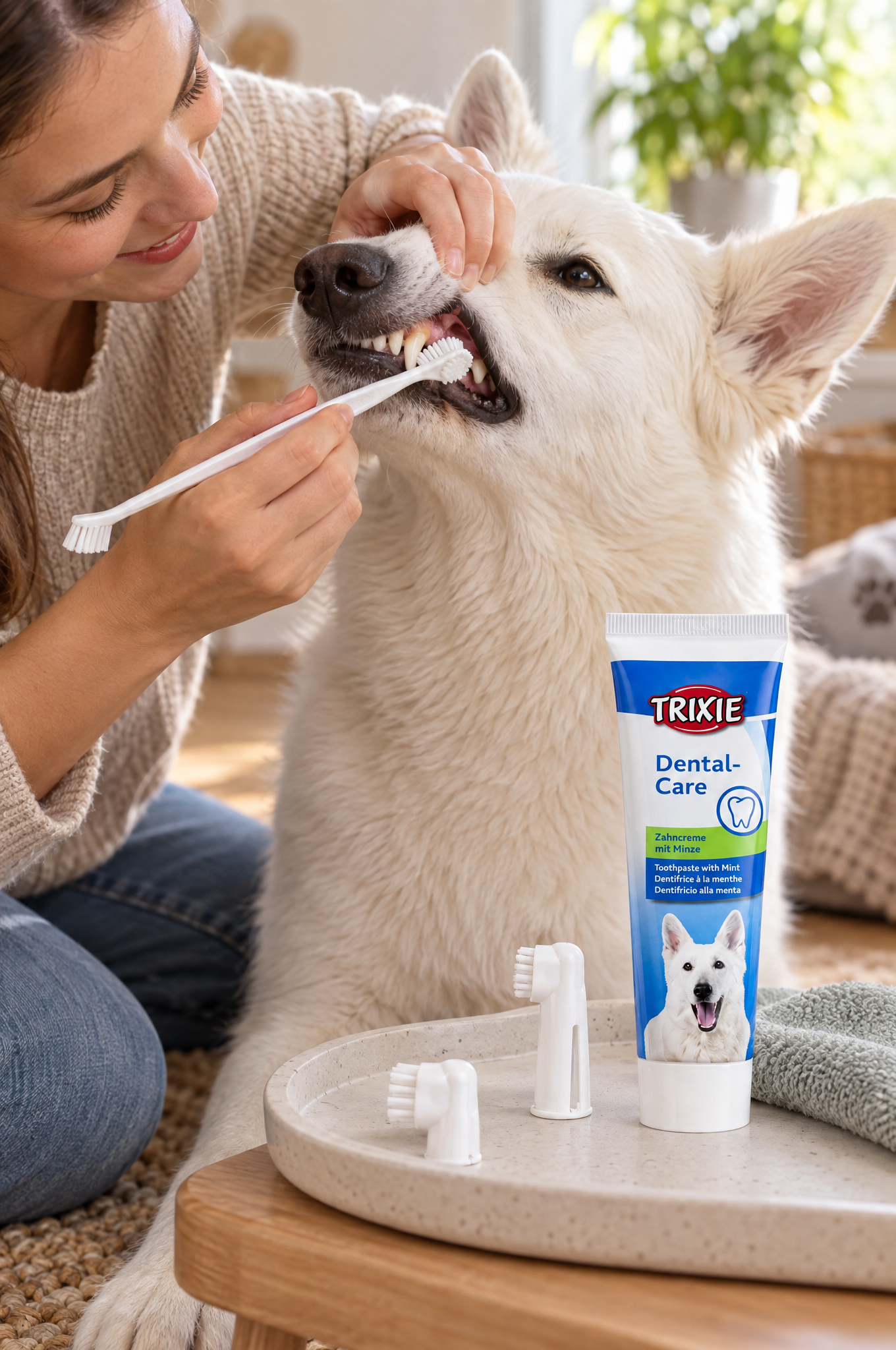 TRIXIE Dental-Care Zahnpflege-Set mit Zahncreme, für Hunde, Anwendungsbild
