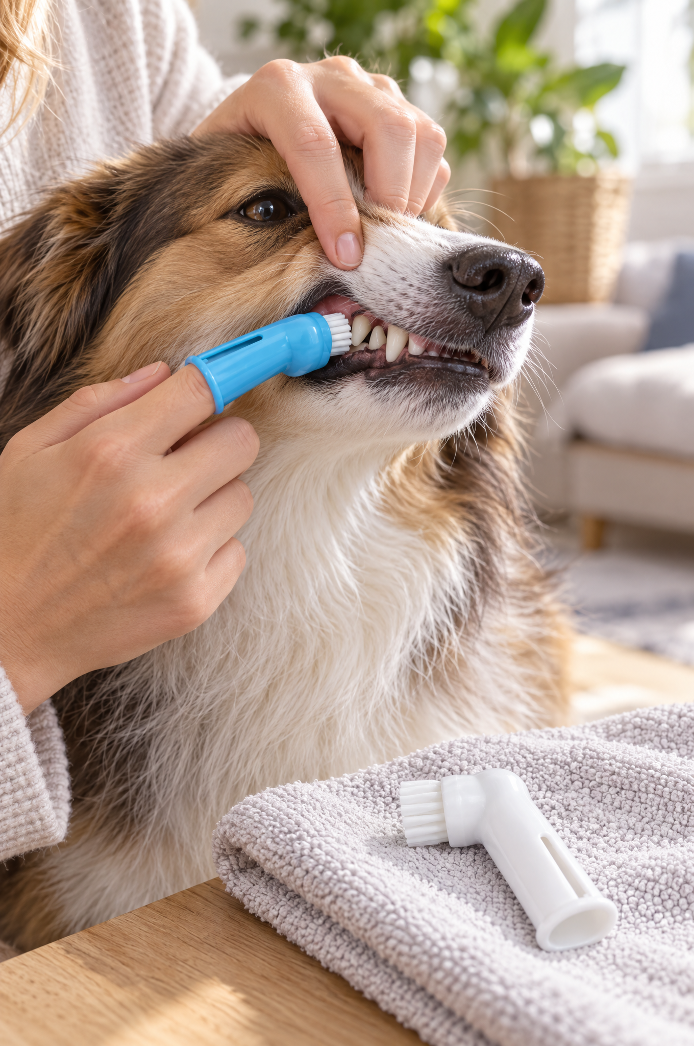 TRIXIE Dental-Care Zahnbürsten-Set, Fingerbürsten für Hund und Katze, Anwendungsbild