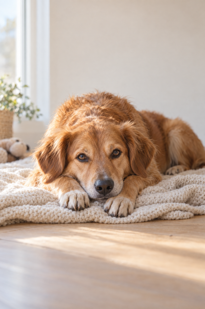 Hund liegt entspannt auf einer hellen Strickdecke am Fenster