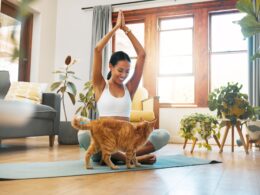 Shot of a sporty young woman meditating at home with her pet cat